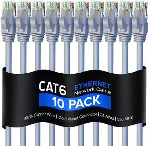 Maximm Cat 6 Ethernet Cable 6 Ft, 100% Pure Copper, Cat6 Cable (10 Pack) LAN Cable, Internet Cable, Patch Cable and Network Cable - UTP (Gray) 6 Feet