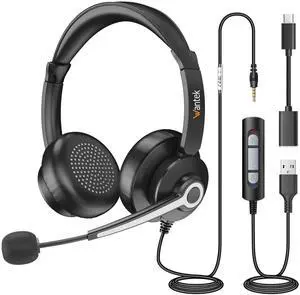 Wantek USB & 3.5mm Headset with Mic for PC/Laptop,Wired Headset with Noise-Cancelling Microphone & Audio Controls Perfect for Home Office Online Class Skype Zoom Call Center Webinar,All Day Comfort