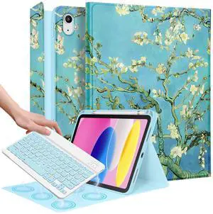 Wazzasoft for iPad 10th Generation Case with Keyboard - for iPad A16 Cases Pencil Holder 10.9 Inch Cover Women Girls Cute Girly Flower Art Unique Design Funda for Apple Tablet 10th/11th gen