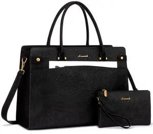 LOVEVOOK Laptop Tote Bag For Women Work, Vintage Leather Computer Bags For Laptops For Women, Waterproof Laptop Bag Business Briefcase Office Large Shoulder Handbag Purse, 15.6 Inch, Black Embossed