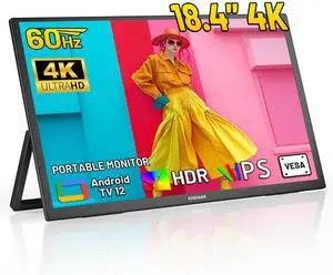 Kinhank 18.4 4K Portable Monitor,UHD (3840 * 2160) 60Hz HDR IPS Second Screen Android TV 12.0 USB-C HDMI Travel Monitor for Laptop,PC,MacBook,Phones,Tablet,PS5/4,Xbox,Switch,VESA180°Adjustable Stand