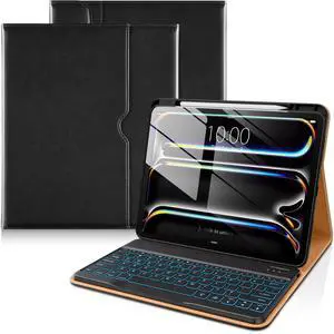 DTTO for iPad Pro 13 Inch Case 2024 with Keyboard (M4), 7 Colors Backlit Wireless Detachable Keyboard Premium Leather Folio Cover with Pencil Holder & Pocket, Black