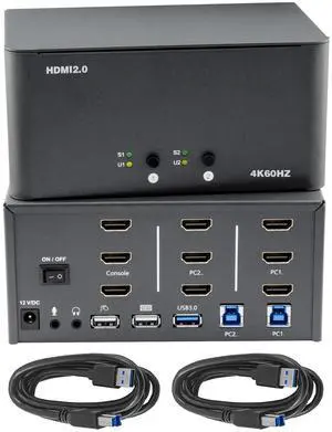KVM Switch 3 Monitors 2 Computers, HDMI 4K@60Hz KVM Switch with USB3.0 Cable, 2 Computers Share One Set of Keyboard, Mouse and Monitors, Supports Windows/Mac/Linux