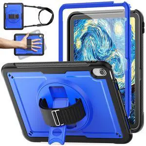 KAIJIAbox Compatible with iPad A16 Case 11th/10th Generation 11/10.9 Inch 2025/2022, Heavy Duty Full-Body Protective Case with Screen Protector, Rotate Hand Strap/Stand, Pencil Holder, Blue