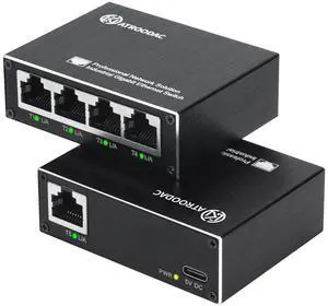 Atroodac Mini Ethernet Switch 5 Ports Gigabit Enhanced Protection 10/100/1000 Mbps Unmanaged Network Switch Plug & Play Office Ethernet Splitter Fanless Silent Metal Case Network Hub Desktop Design