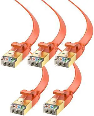 Maximm Cable CAT7 Flat Ethernet Cable, 5 Pack (Orange, 20ft) 10 Gbps, 600 MHz, Shielded RJ45 Gold Connectors Ultra-Thin Flexible Design for Home & Office Networking