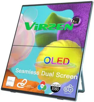 Virzen Portable Monitor OLED Stacked Dual Screen All-in One Seamless 1080P 13.3 Triple Screen Extender with VESA Kickstand for Laptop Mini PC Game Console Landscape Portrait Mode No Driver Needed