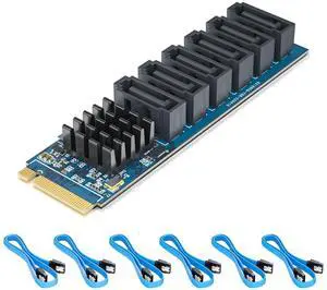 M.2 to SATA Adapter with 6 SATA Cables, M Key to SATA3.0 Card, ASMedia ASM1166 Chip, Support SSD and HDD for Desktop PC with LED Indicator, Tools Included