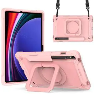 Dteck Case for Samsung Galaxy Tab S9 FE 10.9"/Tab S9 Case,360 Rotating Stable Kickstand Heavy Duty Drop-Proof Protection Case with S Pen Holder Shoulder Strap for Galaxy Tab S9 FE/S9 11" 2023,Rosegold