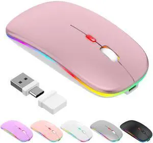 LED Bluetooth Wireless Mouse for MacBook Air Mac Pro Laptop iPad Rechargeable Silent Light-Up Optical Mouse with Jiggler Dual Mode BT5.2 & USB-A/USB-C for Students, Kids, Girls, Boys  Rose Gold