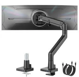 monTEK Single Monitor Arm with USB A/C, Ultrawide Monitor Stand for 17 to 57 Inch Curved Screen, Holds 59.4 lbs, Adjustable Gas Spring Arm, 75/100 VESA Mount, Clamp & Grommet Desk Mount, Black