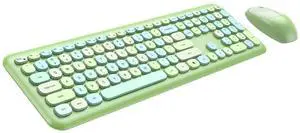 Wireless Keyboard and Mouse Combo, 2.4GHz Full-Sized Colorful Cute Keyboard Mouse Set with Retro Typewriter Flexible Round Keys for Windows, Computer, Laptops, PC Green Colorful