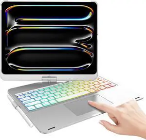 Touch Keyboard Case for iPad Pro 13-inch 2024, Magnetic Keyboard for iPad Case Pro 13 M4, 360°Rotatable, 7 Colors Backlit Keyboard for iPad 13 Trackpad Tablet Pro M4 Case with Pencil Holder, Silver