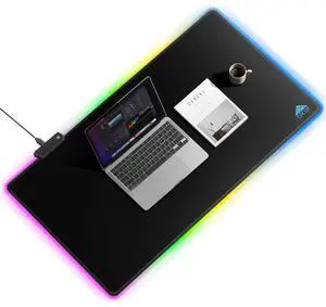 Cacoy 40" x 20" RGB Mouse Pad XXL, Extended Desk Mat with Smooth Surface and 9 Lighting Effects, LED Lighting Desk Pad with Stitched Edges and Non-Slip Rubber Base, Gaming Computer Mouse Mat, Black