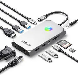 Docking Station USB C to HDMI Adapter, ORICO 12 in 1 RGB USB C Hub with 4K HDMI 1.4, VGA, 100W PD, Ethernet, 5 USB Data Ports, SD/TF, Audio, 14 RGB Lighting Modes, Compatible for Windows/Mac OS