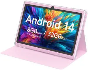 HOTTABLET Tablet 7Inch Android 14.0 with Protective Case, 8GB(4+4GB Expand) RAM+ 32GB ROM, IPS Screen, Dual Camera, Bluetooth 5.0 WiFi Tab (Pink)