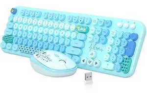 Wireless Keyboard Mouse Combo, MOFII 104 Round Keys Lovely Full-Size Cute Colorful Keyboard and Mouse with Retro Typewriter for PC/Mac/Laptop/Tablet/Computer/Windows Blue