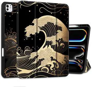 DONGKE for iPad Pro 13 inch M4 Case 2024 - [Built-in Pencil Holder Supports Pencil Pro and Pencil USB-C] Ultra Thin Soft TPU Back Cover with Trifold Stand Support Auto Wake/Sleep - Golden Waves