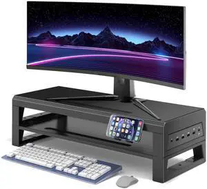 GECKOSTROLL 2-Tier Metal Computer Monitor Stand & Laptop Desk Shelf, 21.6 Inches, 22W Charging, 2 USB 3.0, 1 USB 2.0, Heavy Duty, Black, Metal