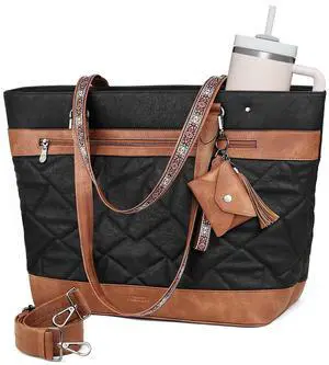 FADEON Quilted Tote Bag for Women, Designer Laptop Purse with Compartments, Large Leather Shoulder Handbag for Travel, Work, Daily, Teacher Brown