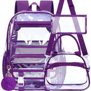 UFNDC 3PCS Clear Backpack Heavy Duty, See Through School Bag for Women, Deep Purple Transparent Bookbag