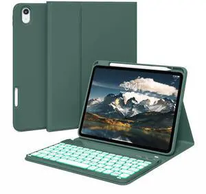 kenke Case for iPad (A16) 11-inch 2025 / 10th Generation 10.9-inch 2022 with Keyboard, Stand Folio Cover with Pencil Holder, 7 Color Backlit Detachable Wireless Keyboard, Dark Green
