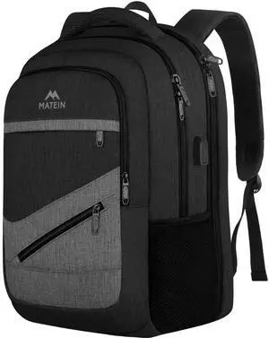 MATEIN 17 Inch Backpack for Men, Professional Work Office Laptop Backpack with USB Charging Port & Trolley Sleeve, Water Resistant Large College Daypack Travel Carry On, Black Grey