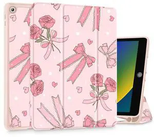 Tuiklol Case for iPad 10.2 Inch 2021 2020 2018 Release 9th / 8th / 7th Generation, Built-in Pencil Holder TPU Protective Stand Back Cover Trifold Stand-Auto Wake/Sleep, Bow & Rose
