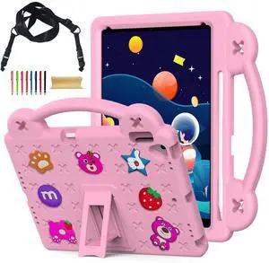 for iPad 9th Generation Case for Kids,iPad 8th 7th Gen Cover, Shoulder Strap Shockproof Cute DIY Figures Design Handle Stand Protective Rugged Case for Apple iPad 9th 8th 7th Gen 2021/2020/2019,Pink