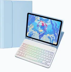 NUWONAYA Keyboard Case for Galaxy Tab S6 Lite 10.4 Inch 2024/2022/2020, Slim Lightweight 7 Color Rainbow Backlight Detachable Magnetic Bluetooth Keyboard Cover with S Pen Holder,Sky Blue