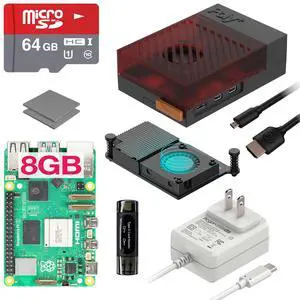 Argon Poly+5 Raspberry Pi 5 Starter Kit | Raspberry Pi 5 Kit/Pi 5 Board/Pi 5 Case / 27W Pi 5 Power Supply/Pi 5 Active Cooler / 64GB SD Card / 2 Micro HDMI Cable (BRED, 8GB)