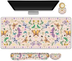 ARTSO Desk Mat Set, Apricot Extended Gaming Mouse Pad with Wrist Rest Support +Keyboard Wrist Rest +Coaster, Large Cute Butterfly Mousepad, Easy Typing and Pain Relief