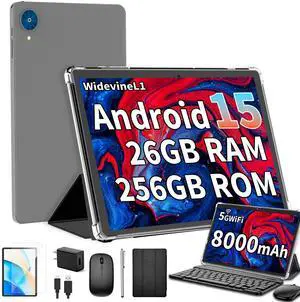 YLEEBG Android 15 Tablet with Keyboard, 26GB+256GB(2TB Expand), 10.1 Inch Tablet 8000 mAh Battery, BT 5.0, 5G WiFi, Widevine L1, Dual Camera, 2 in 1 Tab with Mouse, Case, Stylus(Black Case)