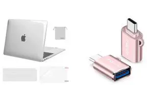 MOSISO Compatible with MacBook Air 13 inch Case 2022, 2021-2018 Release A2337 M1 A2179 A1932, USB C to USB Adapter 2 Pack&Keyboard Cover&Screen Protector&Storage Bag, Transparent&Rose Gold