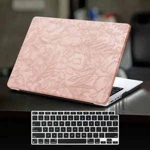 DTangLsm for MacBook Pro 14 inch Case 2025 2024-2021 M5 M4 M3 M2 M1 Pro Max A3434 A3112 A3185 A3401 A2918 A2992 A2779 A2442, Embossed Floral Textured Leather Hard Shell Case & Keyboard Cover, Pink