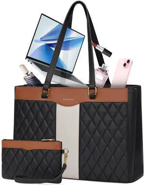 RAINSMORE Laptop Bag for Women 15.6 Inch Work Tote Bags Leather Laptop Tote Professional Laptop Purse Computer Handbag Womens Briefcase Tote with Clutch for Teacher Office Travel, Black Brown & White