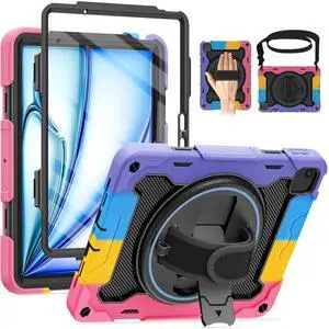 ROSROME for Air 11 inch Case M3 2025 / M2 2024, Air 7th/6th Generation-with HD Screen Protector, 360 Rotating Kickstand/Hand Strap, Shoulder Strap,Heavy Duty Shockproof Military Grade - Kids Friendly