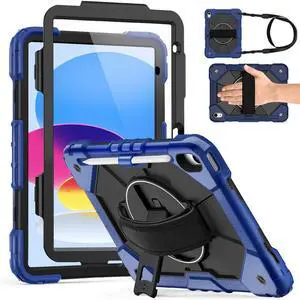 Weuiean Case for iPad A16 11th/10th Generation 11"/10.9", Military-Grade Heavy-Duty Shockproof Cover with 360° Rotating Stand, Built-in Pencil Holder & Adjustable Hand/Shoulder Strap - Black+Navyblue