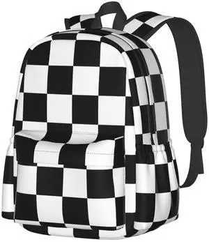 Jbofyee Black And White Checkered Laptop Backpack For Men Women, Lightweight Racing Daypack Bookbag For Daily Commutes Business Travel Hiking