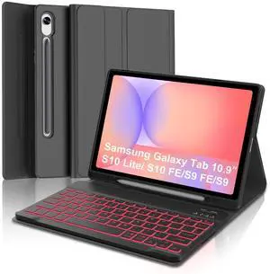 Keyboard Case for Samsung Galaxy Tab S10 Lite S10 FE S9 FE 10.9 Inch S9 11 Inch, 7 Color Backlit Detachable Bluetooth Keyboard with Pen Holder for Samsung Tablet 10.9'', Black