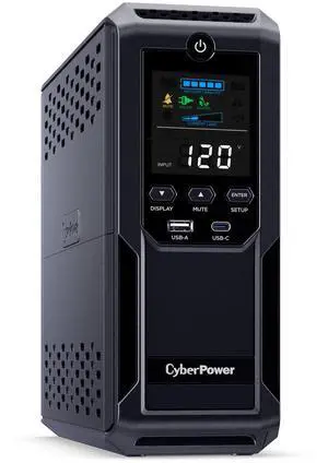CyberPower CP1500AVRLCD3 Intelligent LCD UPS System, 1500VA/900W, 12 Outlets, 2 USB Ports, AVR, Mini Tower, Black