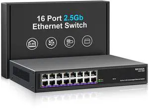 16 Port 2.5Gb Ethernet Switch Unmanaged, NICGIGA 16 Port 2.5G Network Switch, Plug & Play, Desktop or 19-inch Rack Mount, Fanless Metal Design.