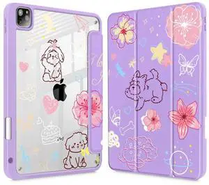 May Chen Case for iPad 12.9 Inch (6th/5th/4th/3rd Generation, 2022/2021/2020/2018), Pencel Holder + Trifold Support Auto Sleep/Wake, Transparent Shockproof Back Cover, Flower Dog