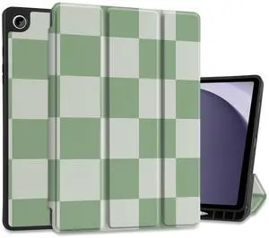 MEEgoodo Case for Samsung Galaxy Tab A9 Plus 11 inch Cover 2024 2023 with S Pen Holder, A9+ Smart Tablet Cases with Leather Trifold Stand+Soft TPU Back Shell+Smart Auto Wake/Sleep, Green Checkered