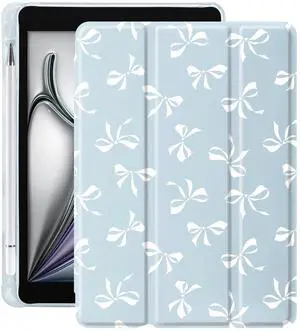 Idocolors Lovely White Bow Pad Case for 10.2 Inch iPad 9th/7th/8th Generation, Clear TPU Stand Back Cover with Pencil Holder, Blue Auto Wake/Sleep Adjustable iPad 2021/2020/2019 Case
