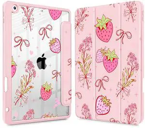 May Chen for iPad 9th Generation with Pencil Holder, iPad 8th/7th Gen Case 10.2-inch, [Penceil Holder] Trifold Stand Auto Wake/Sleep Clear TPU Protection Back Cover, Strawberry Bow