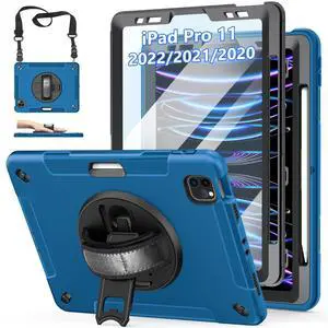Case for iPad Pro 11 Inch 2022/2021/ 2020/2018: Cover for iPad 11 Inch 4th/ 3rd/ 2nd/ 1st Generation with Screen Protector- Stand- Handle- Shoulder Strap- Pencil Holder Blue