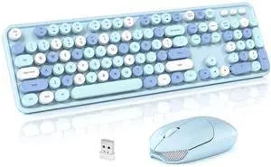 SQMD Wireless Keyboard and Mouse Combo, 2.4GHz Retro Full-Size Typewriter Keyboard with Number Pad and Wireless Mouse for PC/Laptop/Desktop/Windows (Pale Blue)