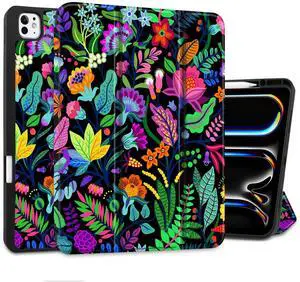 MEEgoodo Case for M5 iPad Pro 13 inch 2025/M4 iPad Pro 13 inch Case 2024, Tablet Cover with Trifold Stand + Pencil Holder + Auto Wake/Sleep + Soft TPU Back Cover, Bright Flowers & Tropic Leaves