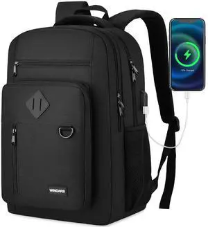 WINDARS Backpack for Men and Women, Casual School Backpack Teen Boys and Girls Lightweight 17.3 Inch Laptop Bookbag with USB Charger for College Work Travel (Black)